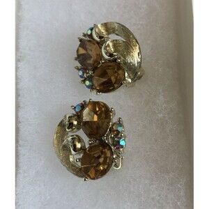 Vtg Earrings Lisner Clip Rhinestones Aurora Borealis & Brown